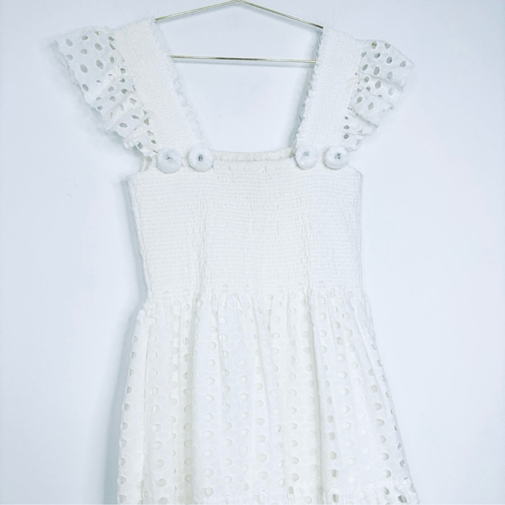ANTHROPOLOGIE + FIGUE Madi Smocked Embroidered Eyelet Lace Maxi Dress w PomPoms - Picture 2 of 16